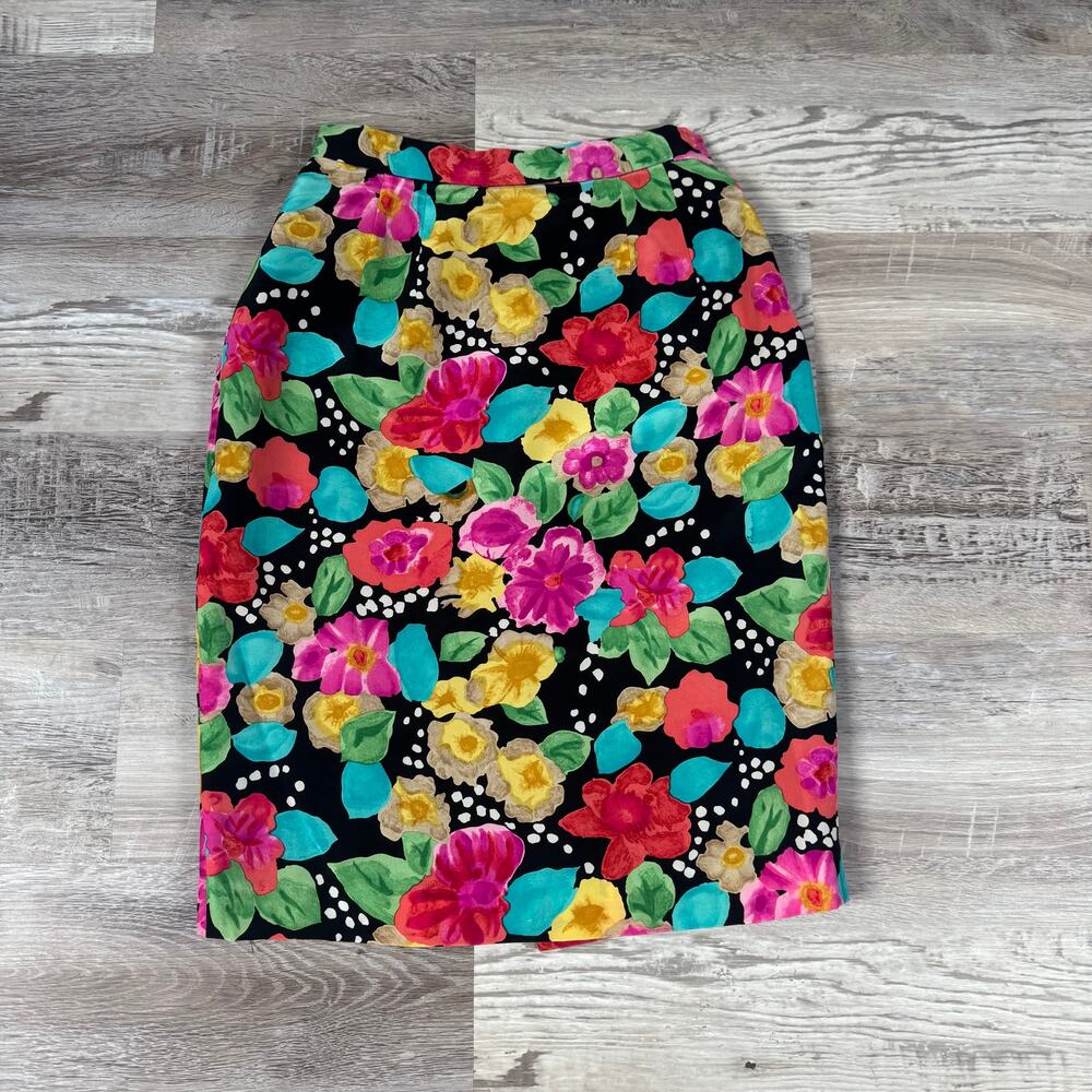 Vintage 80s Silk Floral Pencil Skirt Black Bold Print Artsy Maximalist Petite 6